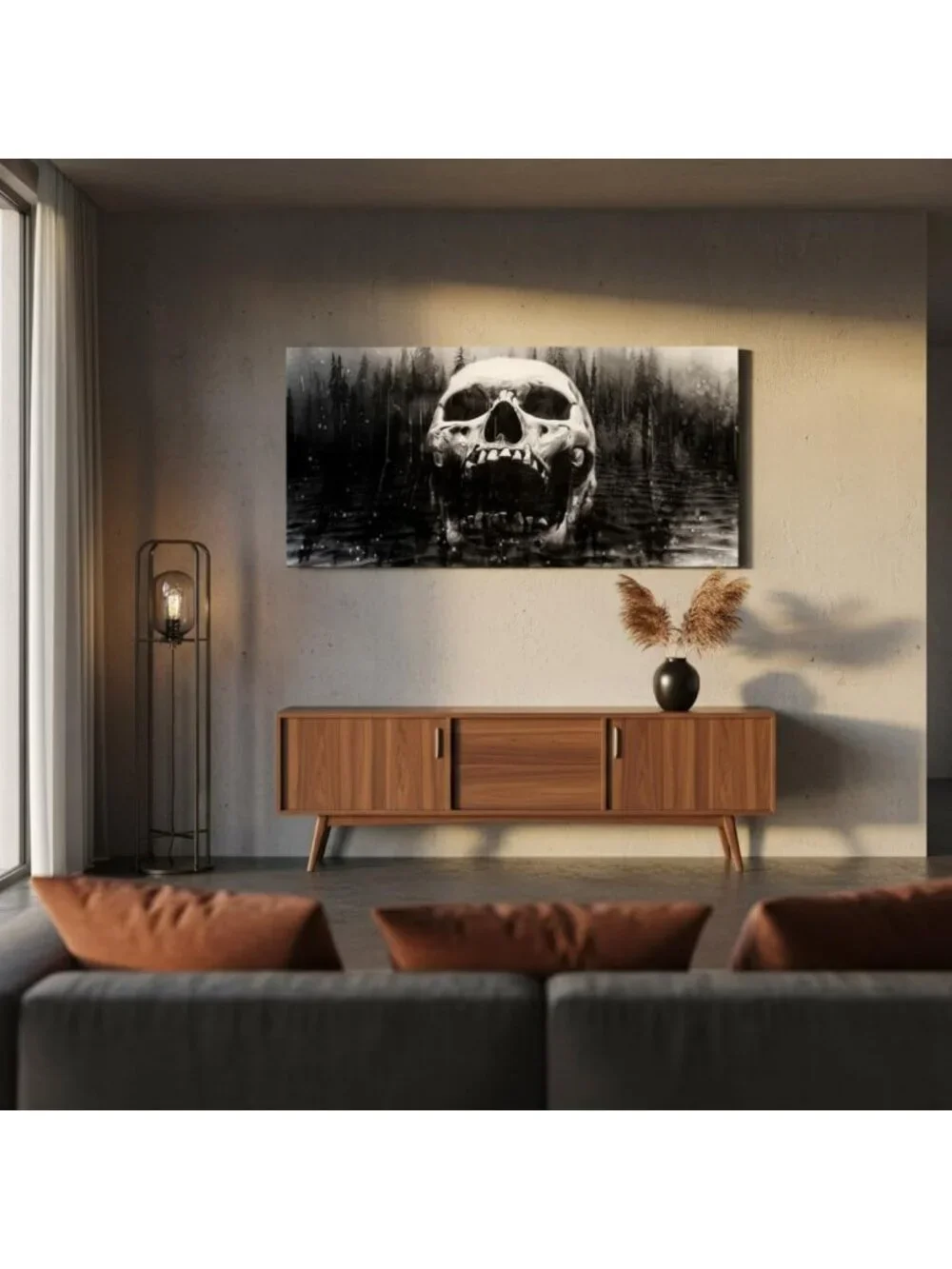 Large Gothic Skull Wall Art - Black & White Skeleton Canvas Decor 20x36